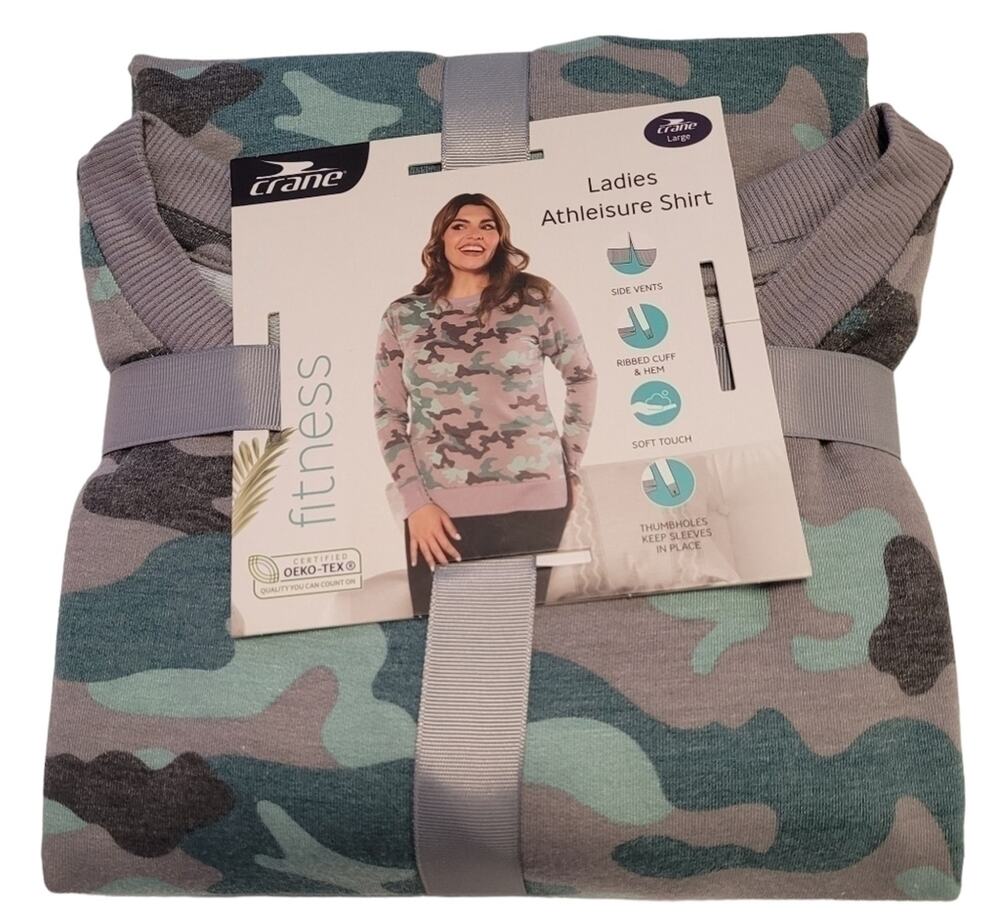 Crane Ladies LG Sweatshirt Top Grey Green Camouflage Athleisure NEW Thumbholes